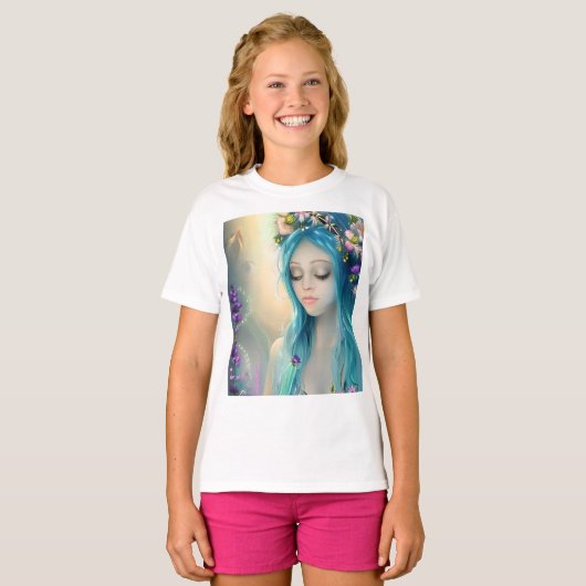 Etherische fantasy kunst | Mooie blauwe fee T-shirt (Voorkant volledig)