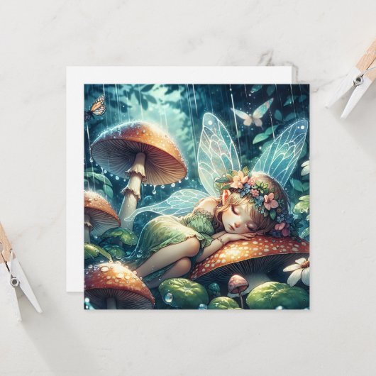 Etherische fee slapen op een paddenstoel kaart (Voorkant / Achterkant in situ)
