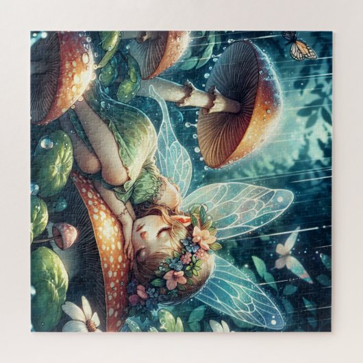 Etherische fee slapen op een paddenstoel legpuzzel (Horizontaal)