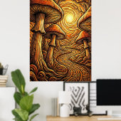 Etherische Glanzende Gouden Paddenstoel Donker Bos Poster (Thuiskantoor)