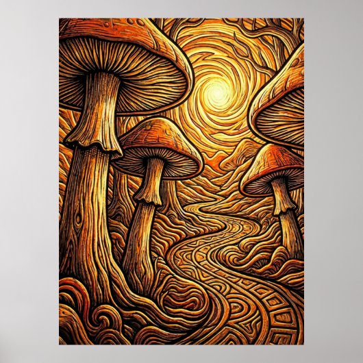 Etherische Glanzende Gouden Paddenstoel Donker Bos Poster (Voorkant)
