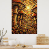 Etherische Glanzende Gouden Paddenstoel Donker Bos Poster (Keuken)