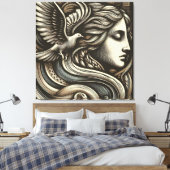 ETHERISCHE GODIN MET DUIF - Gegraveerde houtsnede  Canvas Afdruk (Insitu (Slaapkamer))