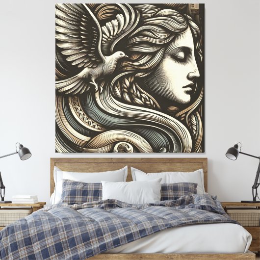 ETHERISCHE GODIN MET DUIF - Gegraveerde houtsnede  Canvas Afdruk (Insitu (Slaapkamer))