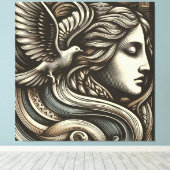 ETHERISCHE GODIN MET DUIF - Gegraveerde houtsnede  Canvas Afdruk (Insitu (Houten vloer))