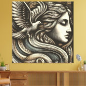 ETHERISCHE GODIN MET DUIF - Gegraveerde houtsnede  Canvas Afdruk (Insitu (Woonkamer))