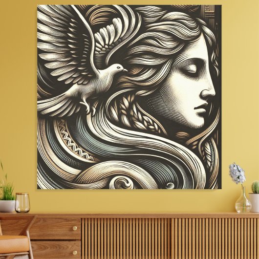 ETHERISCHE GODIN MET DUIF - Gegraveerde houtsnede  Canvas Afdruk (Insitu (Woonkamer))