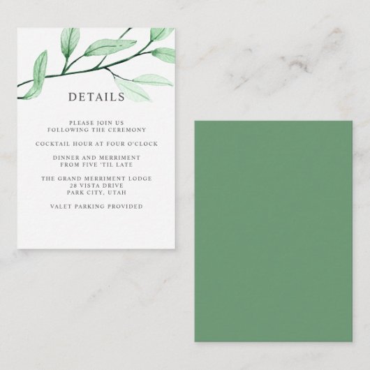 Etherische groene BRUILOFT Hotel detail Accommodat Informatiekaartje (Voorkant / Achterkant)