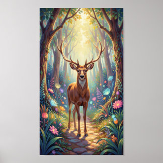 Etherische herten op een licht pad in het bos poster