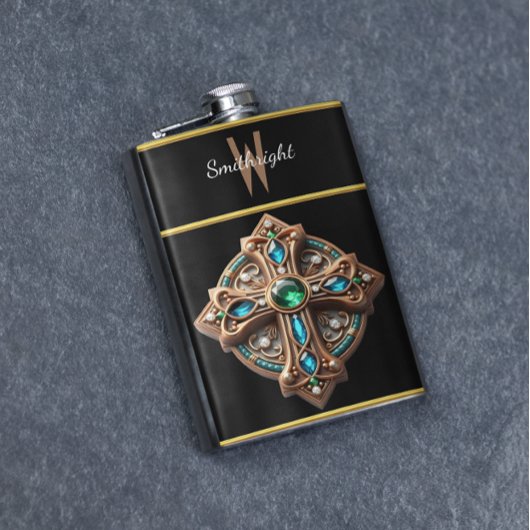 Etherische kruisbroche met blauwe en groene stenen flacon