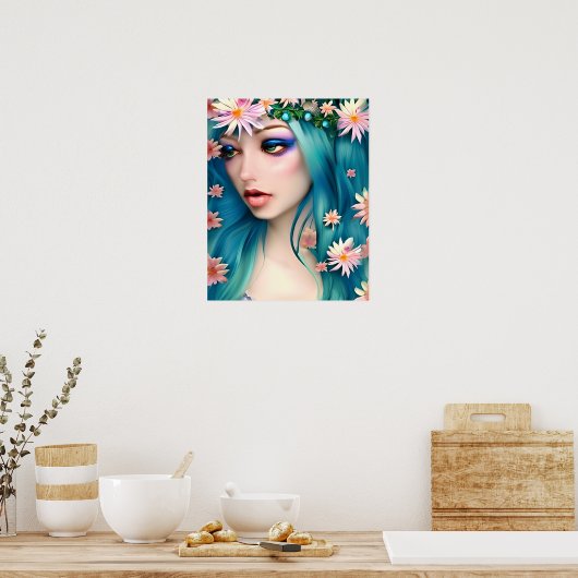 Etherische kunst | Mooie fee met blauw haar Poster (Keuken)