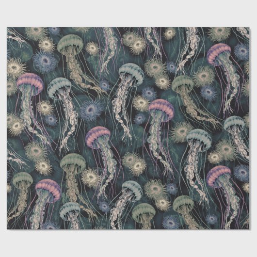 Etherische kwallen en anemonen in Blauwgroen en ro Cadeaupapier (Vlak)