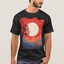 Etherische maan in een rode hemel boven de bergen t-shirt