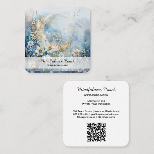 *~* Etherische Maan Witte Bloemen QR Bloemen AP70 Vierkante Visitekaartje (Voorkant / Achterkant)