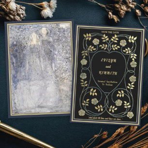 Etherische Navy & Goud Vintage Art Nouveau Bruilof Save The Date