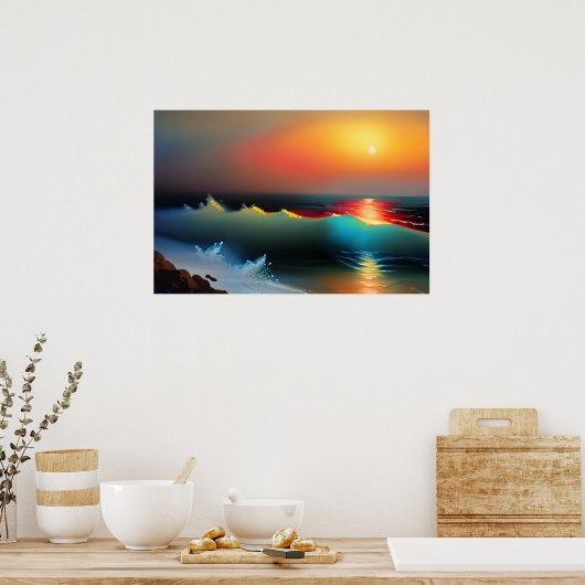 Etherische Oceaan en Zonsondergang AI Kunst Poster (Keuken)