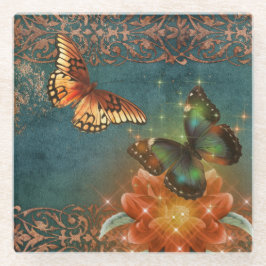  etherische Oranje vlinder op Blauwgroen Glazen Onderzetter