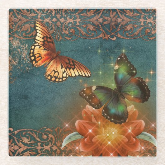  etherische Oranje vlinder op Blauwgroen Glazen Onderzetter (Voorkant)