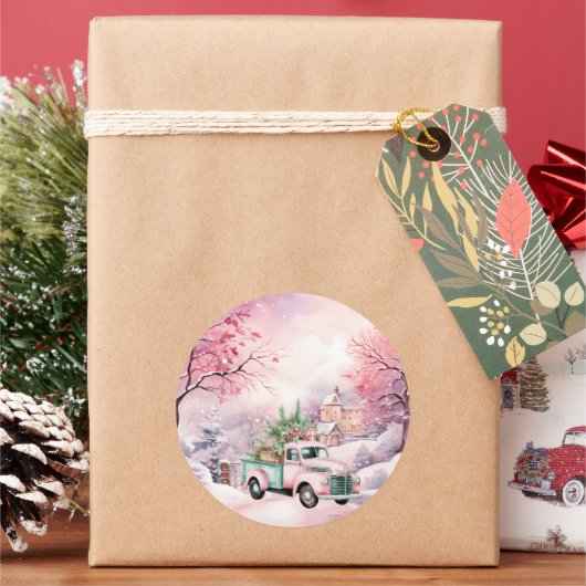 Etherische pastel  roze en groene vrachtwagen ronde sticker (Feestdagen)
