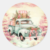 Etherische pastel  roze en groene vrachtwagen ronde sticker (Voorkant)