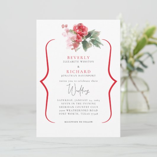 Etherische rode bloemen Elegante witte bruiloft Kaart (Staand voorkant)