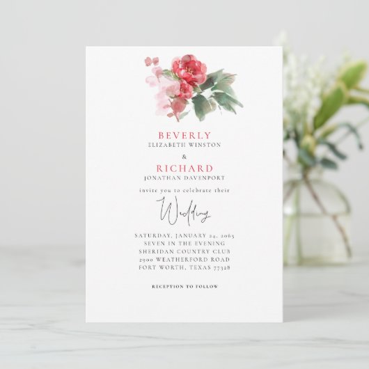 Etherische rode bloemenelegante bruiloft kaart (Staand voorkant)