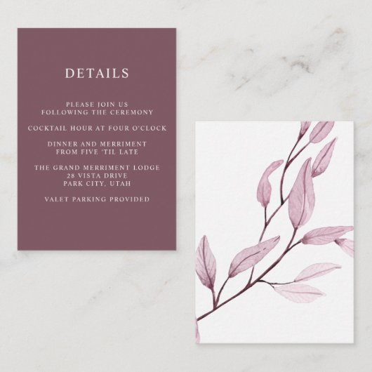 Etherische Roze BRUILOFT Hotel details Accommodati Informatiekaartje (Voorkant / Achterkant)