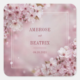 Etherische Roze Kersenbloesem Bokeh Bruiloft Vierkante Sticker