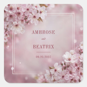 Etherische Roze Kersenbloesem Bokeh Bruiloft Vierkante Sticker