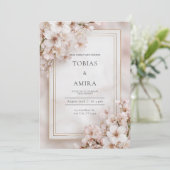 Etherische Roze Kersenbloesem Gouden Lijst Bruilof Kaart (Staand voorkant)