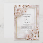 Etherische Roze Kersenbloesem Gouden Lijst Bruilof Kaart (Voorkant / Achterkant)