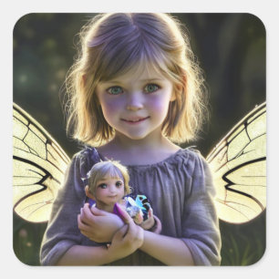 Etherische Schattige Kleine Fairy Meisje Met Doll Vierkante Sticker