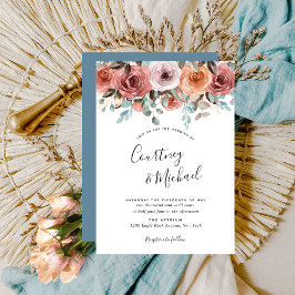 Etherische Stoffige Blauwe, Blush Perzik Bloemen B Kaart