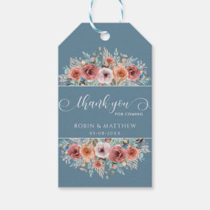 Etherische Stoffige Blauwe, Blush Perzik Bloemen Cadeaulabel