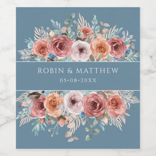 Etherische Stoffige Blauwe, Blush Roze Bloemen Dra Wijn Etiket (Enkel label)