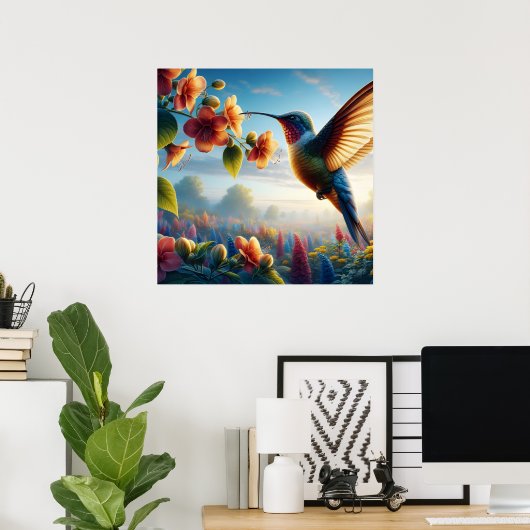 Etherische vlucht boven bloeiende weide poster (Thuiskantoor)