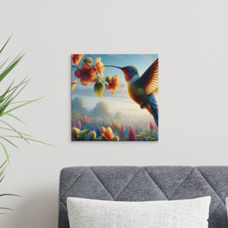 Etherische vlucht boven bloeiende weide poster