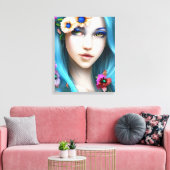 Etherische vrouw met bloemen in haar blauwe haar canvas afdruk (Insitu (Woonkamer))