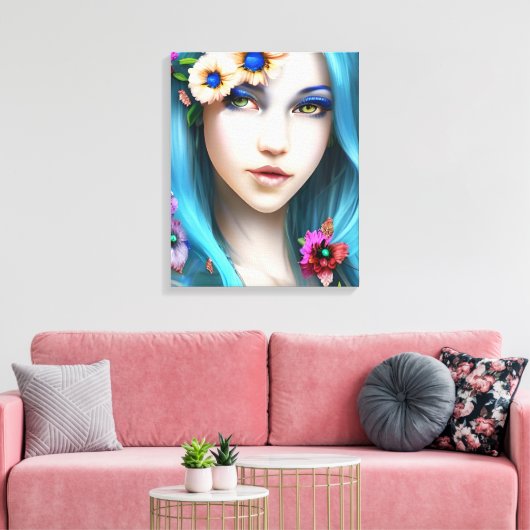 Etherische vrouw met bloemen in haar blauwe haar canvas afdruk (Insitu (Woonkamer))