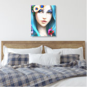 Etherische vrouw met bloemen in haar blauwe haar canvas afdruk (Insitu (Slaapkamer))