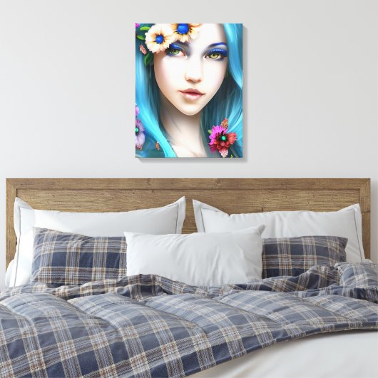 Etherische vrouw met bloemen in haar blauwe haar canvas afdruk (Insitu (Slaapkamer))
