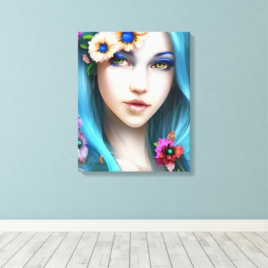 Etherische vrouw met bloemen in haar blauwe haar canvas afdruk (Insitu (Houten vloer))