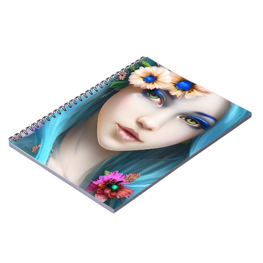 Etherische vrouw met bloemen in haar blauwe haar notitieboek (Linkerzijde)