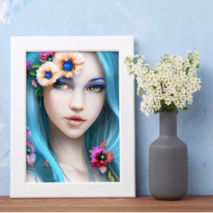 Etherische vrouw met bloemen in haar blauwe haar poster