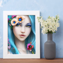 Etherische vrouw met bloemen in haar blauwe haar