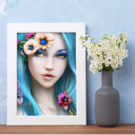 Etherische vrouw met bloemen in haar blauwe haar poster