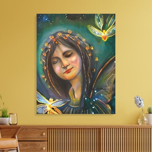 Etherische vrouw met gouden sprookjesachtige vlind canvas afdruk (Insitu (Woonkamer))