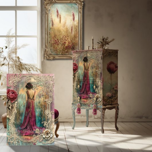 Etherische vrouw,  nouveau, gemengde media tissuepapier