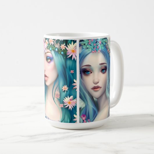 Etherische vrouwen met bloemen in hun blauwe haar koffiemok (Voorkant rechts)