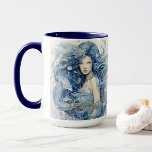 Etherische Waterverf Fantasy Blauwe Zeemeermin Mok (Met donut)